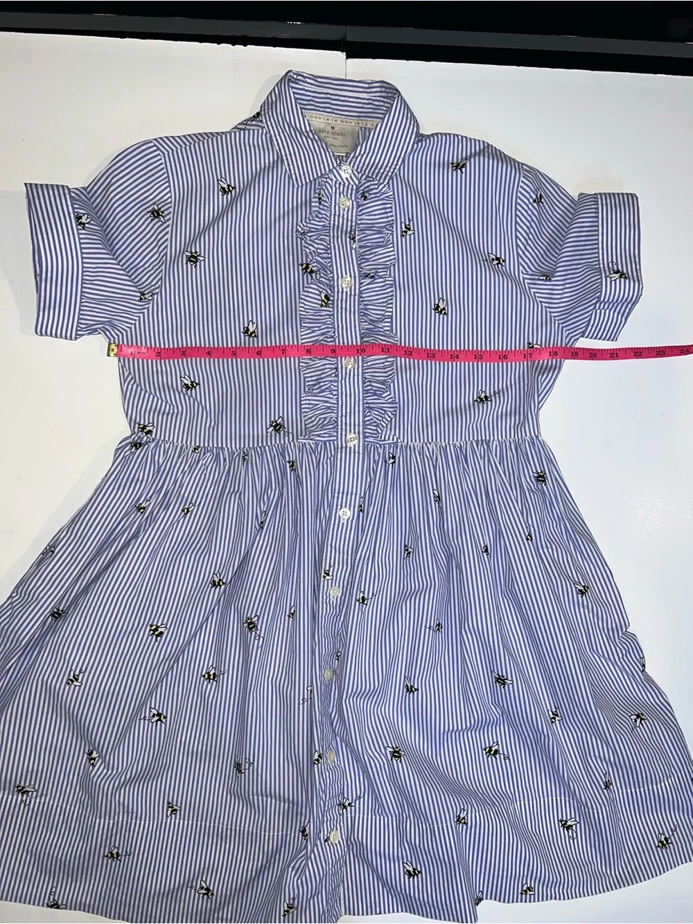 Kate Spade 100% cotton Striped Ruffle-Front Dress with pockets & Bee pattern XS